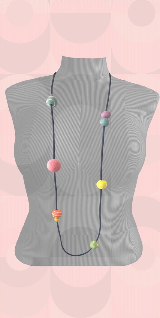 Modern Long Single/Double Strand Gray Rubber Necklace With 9 Pastel-Color Wool Felt Balls