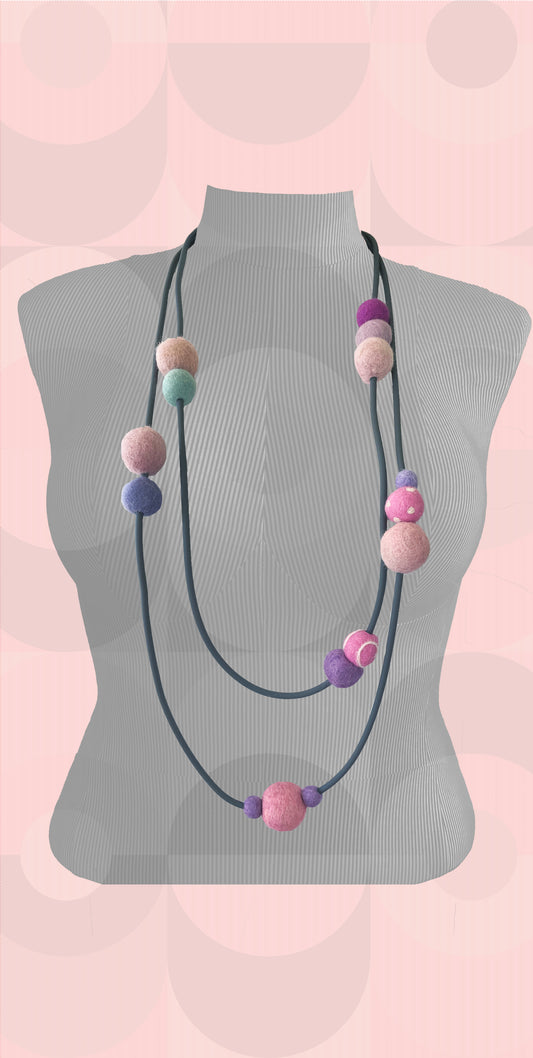 Modern Long Double Strand Gray Rubber Necklace With 15 Pink and Purple Wool Felt Balls