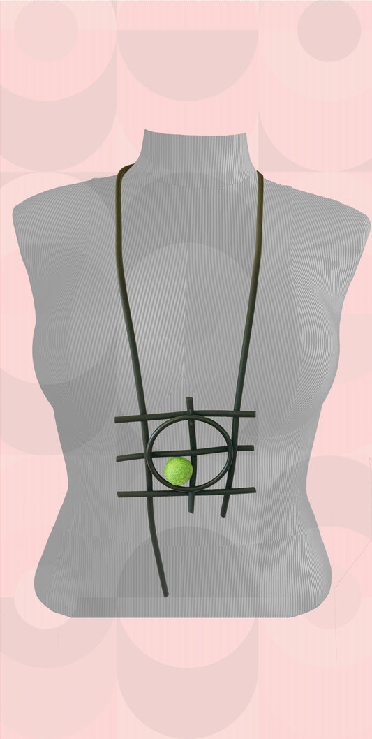 Modern Long Single Strand Black Rubber Necklace With 1 Spring Green Felt Ball