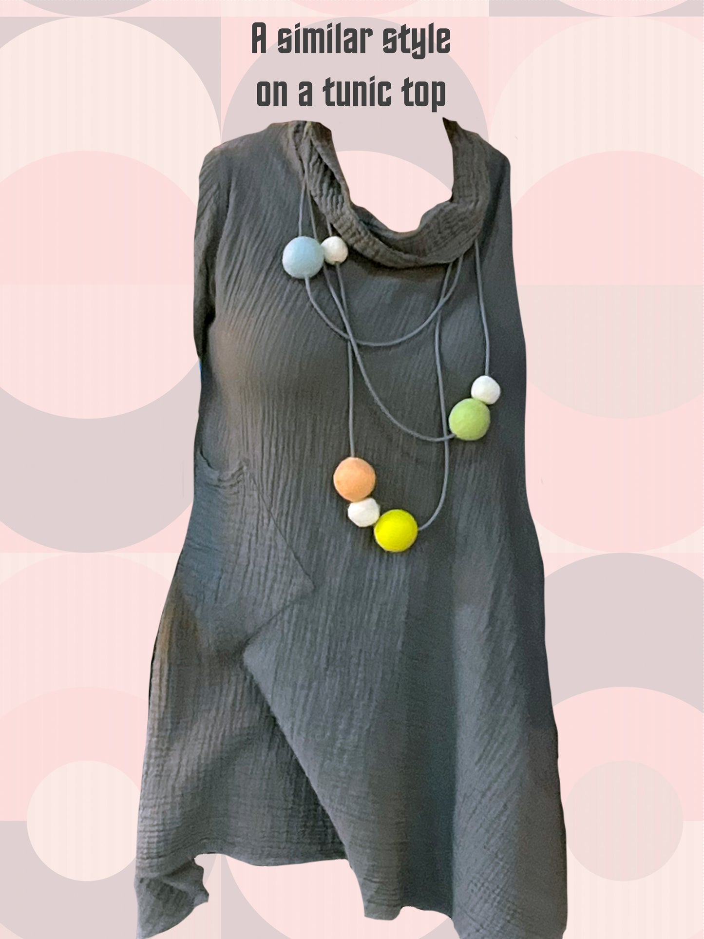 Modern Long Double Strand Gray Rubber Necklace With 15 Pink and Purple Wool Felt Balls