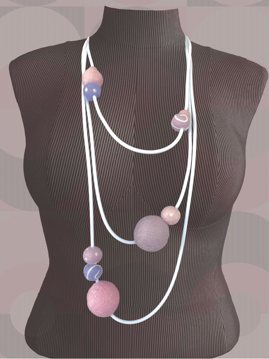 Modern Long Triple Strand White Rubber Necklace With 9 Soft Pastel Color Wool Felt Balls