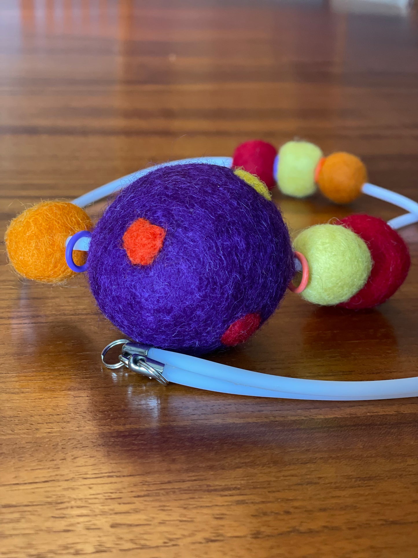 Modern Long Single Strand White Rubber Necklace With 7 Bright-Color Wool Felt Balls