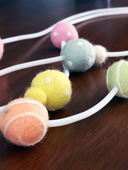 Modern Long Single/Double Strand White Rubber Necklace With 9 Sherbert-Color Wool Felt Balls