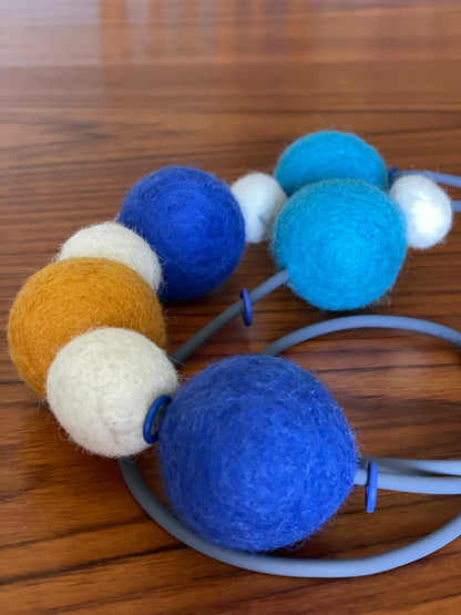 Modern Long Single Strand Gray Rubber Necklace With 9 Multi-Color Wool Felt Balls