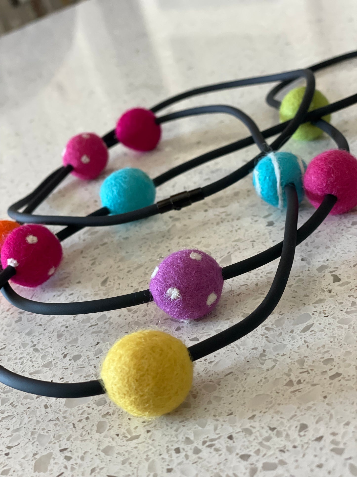 Modern Long Single/Double Strand Black Rubber Necklace With 10 Rainbow-Color Wool Felt Balls