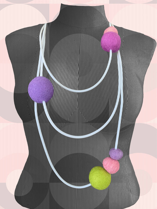 Modern Long Triple Strand White Rubber Necklace With 6 Bright Pastel-Color Wool Felt Balls