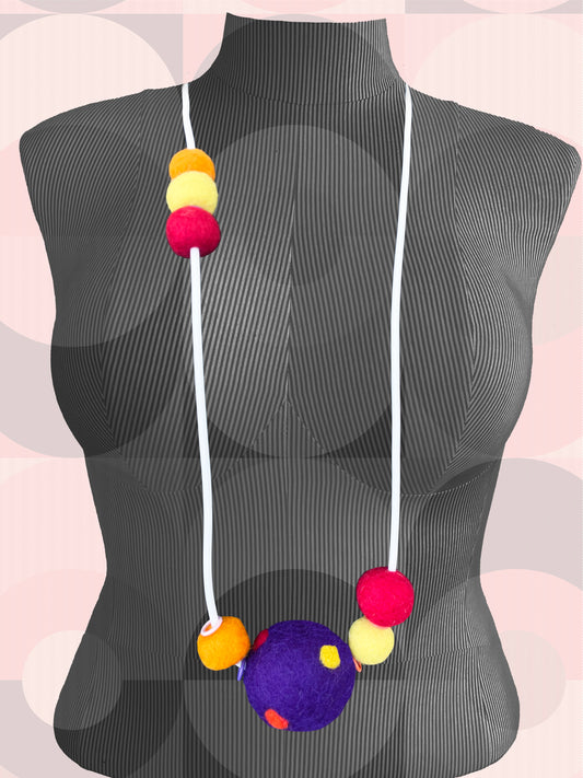 Modern Long Single Strand White Rubber Necklace With 7 Bright-Color Wool Felt Balls