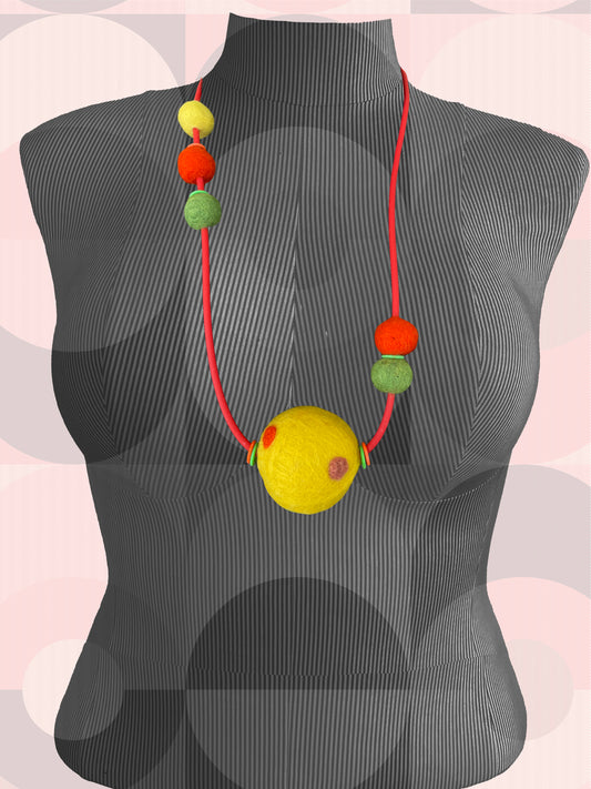 Modern Long Single Strand Orange Rubber Necklace With 6 Bright Wool Felt Balls