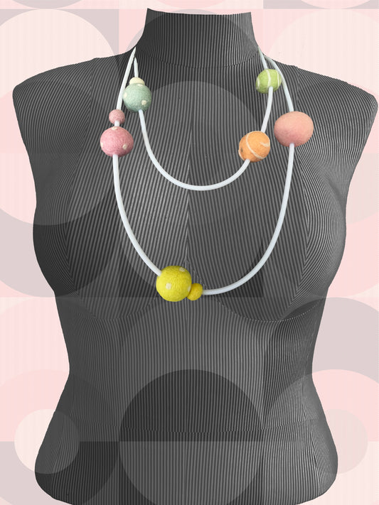 Modern Long Single/Double Strand White Rubber Necklace With 9 Sherbert-Color Wool Felt Balls