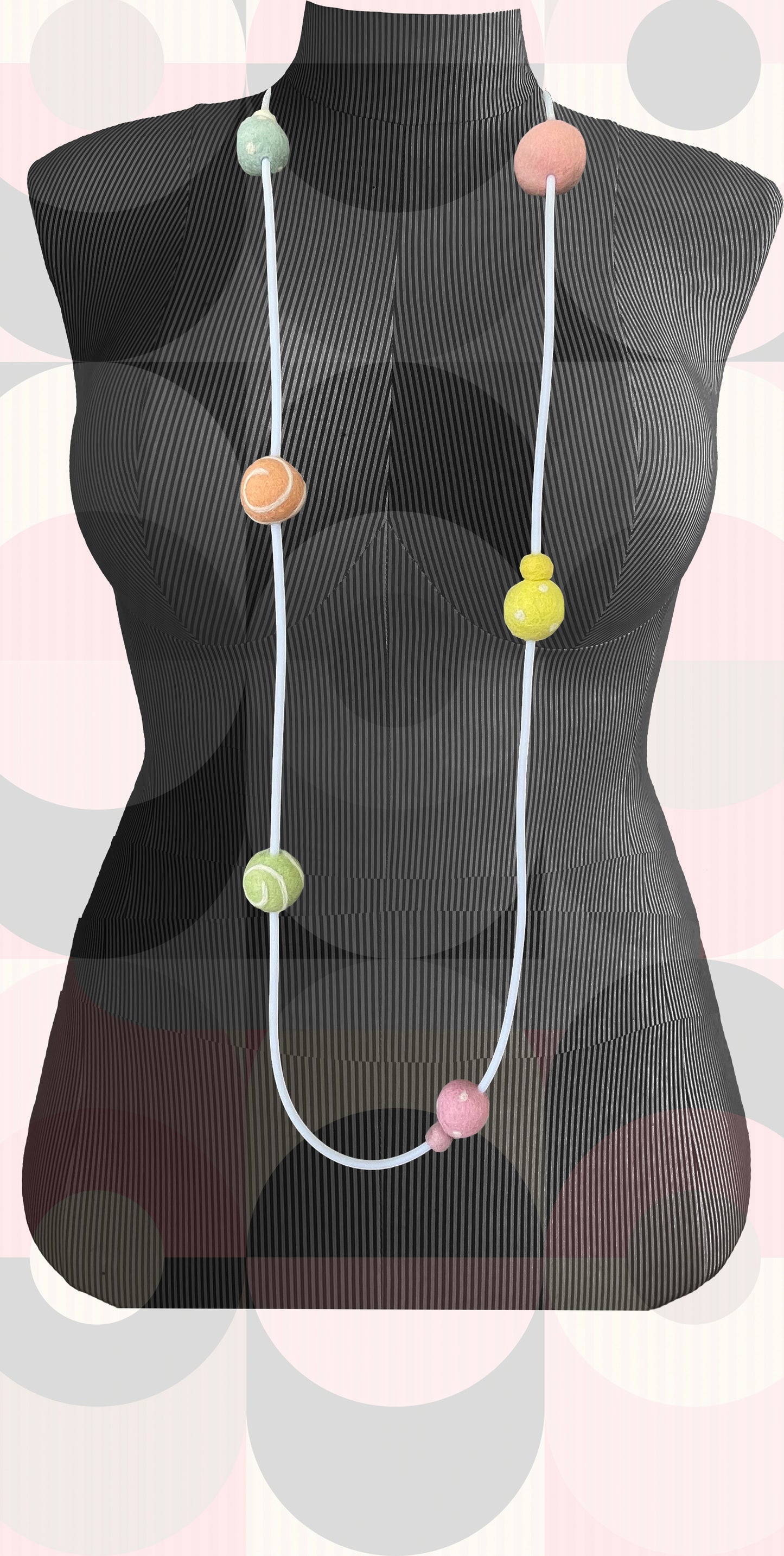Modern Long Single/Double Strand White Rubber Necklace With 9 Sherbert-Color Wool Felt Balls
