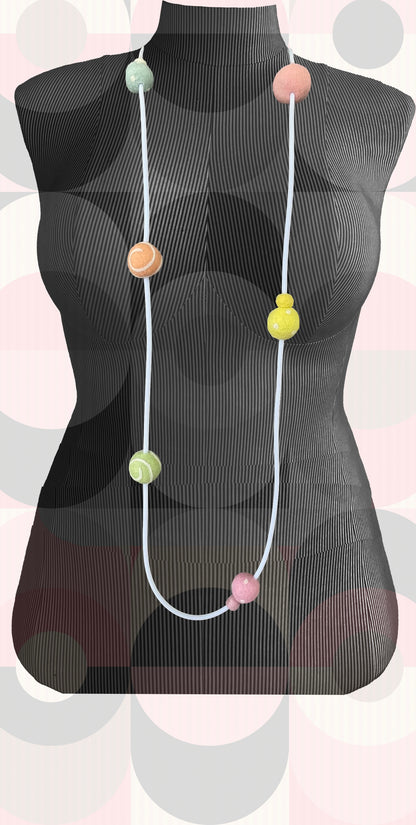 Modern Long Single/Double Strand White Rubber Necklace With 9 Sherbert-Color Wool Felt Balls