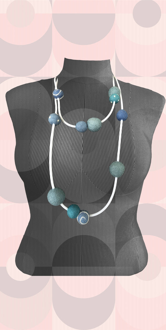 Modern Long Single/Double Strand White Rubber Necklace With 11 Blue-Color Wool Felt Balls