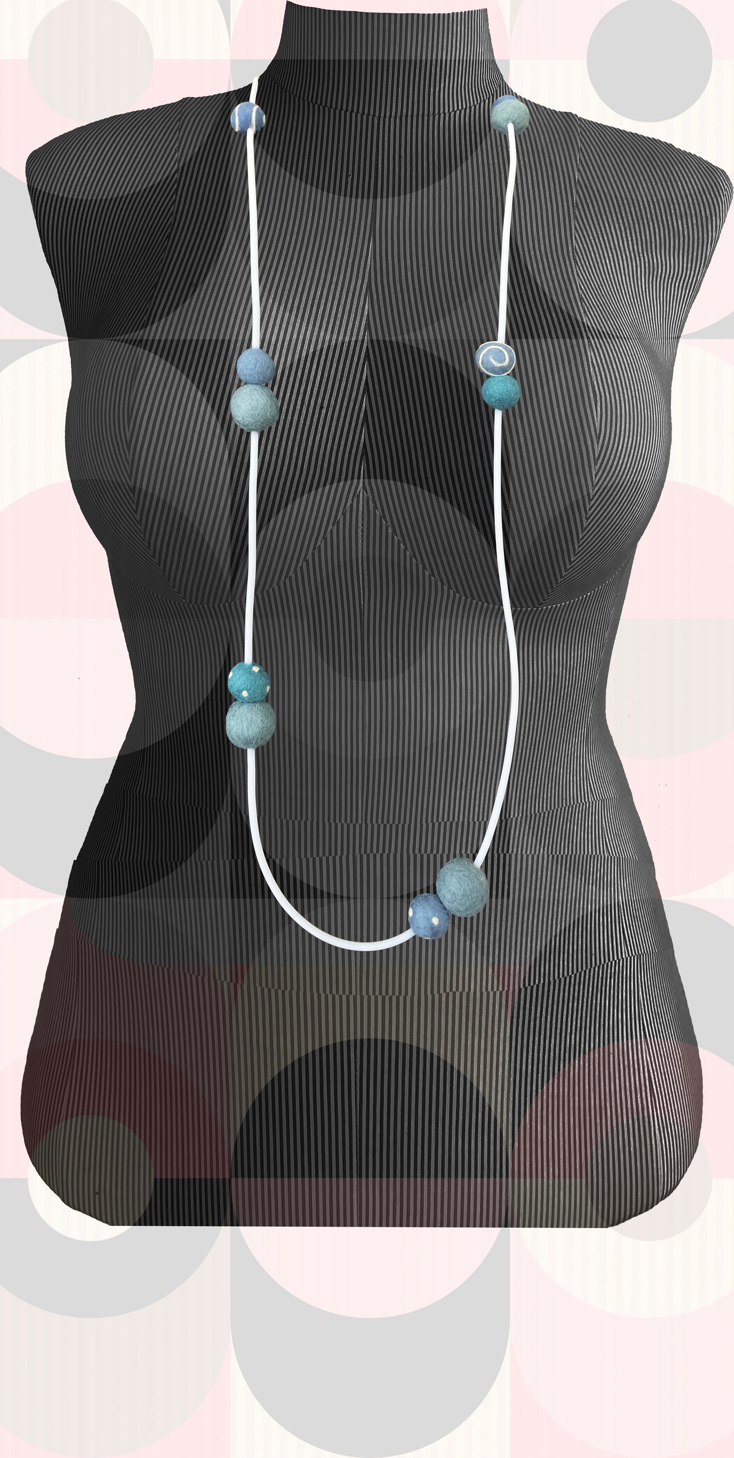 Modern Long Single/Double Strand White Rubber Necklace With 11 Blue-Color Wool Felt Balls