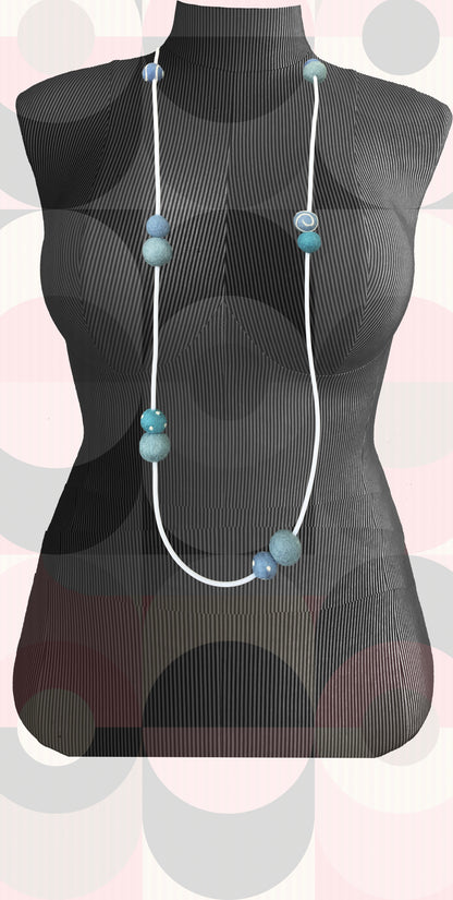 Modern Long Single/Double Strand White Rubber Necklace With 11 Blue-Color Wool Felt Balls