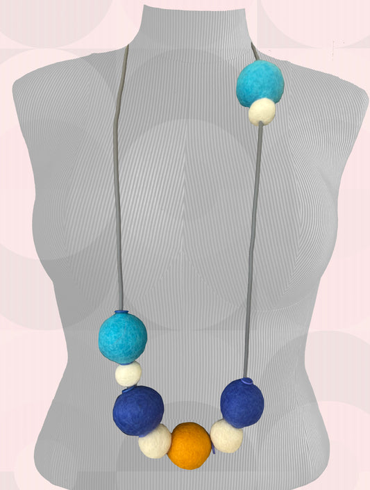 Modern Long Single Strand Gray Rubber Necklace With 9 Multi-Color Wool Felt Balls