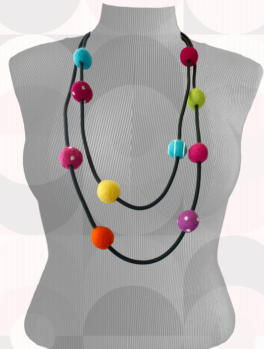 Modern Long Single/Double Strand Black Rubber Necklace With 10 Rainbow-Color Wool Felt Balls