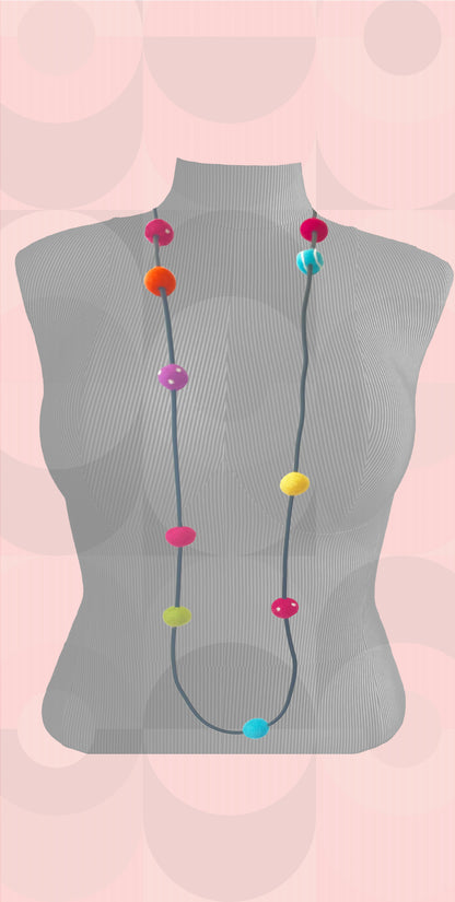 Modern Long Single/Double Strand Black Rubber Necklace With 10 Rainbow-Color Wool Felt Balls