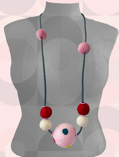 Modern Long Single Strand Gray Rubber Necklace With 7 Pink, Red & White Wool Felt Balls