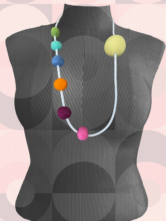 Modern Long Single Strand White Rubber Necklace With 7 Rainbow-Color Wool Felt Balls